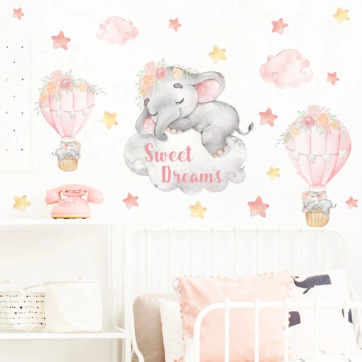 Cartoon Cute Swinging Elephant Butterfly Branch Watercolor Nursery Sticker
